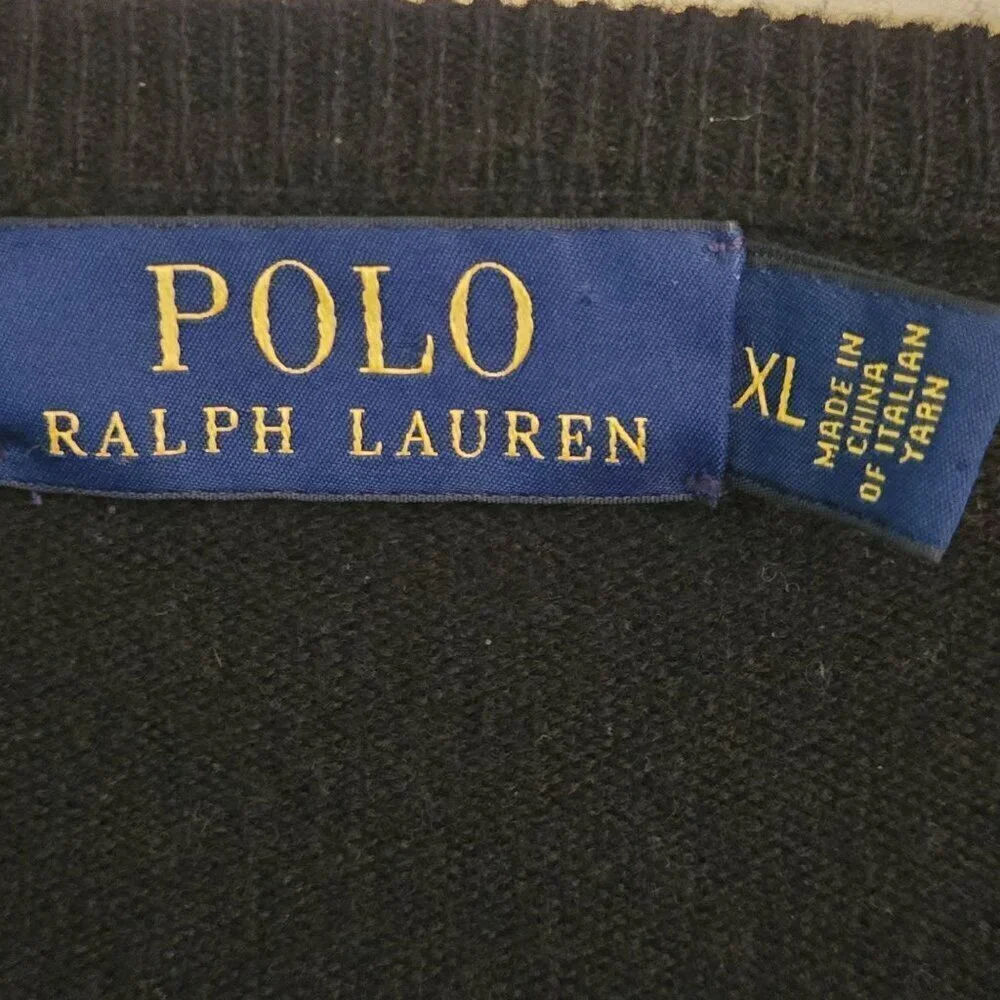 Polo Ralph Lauren Black 100% Lambswool V Neck Classic Sweater Size XL
